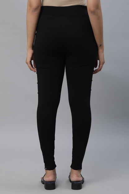 Black Solid Skinny Fit Tights With Elasticated Waist And Side Pockets