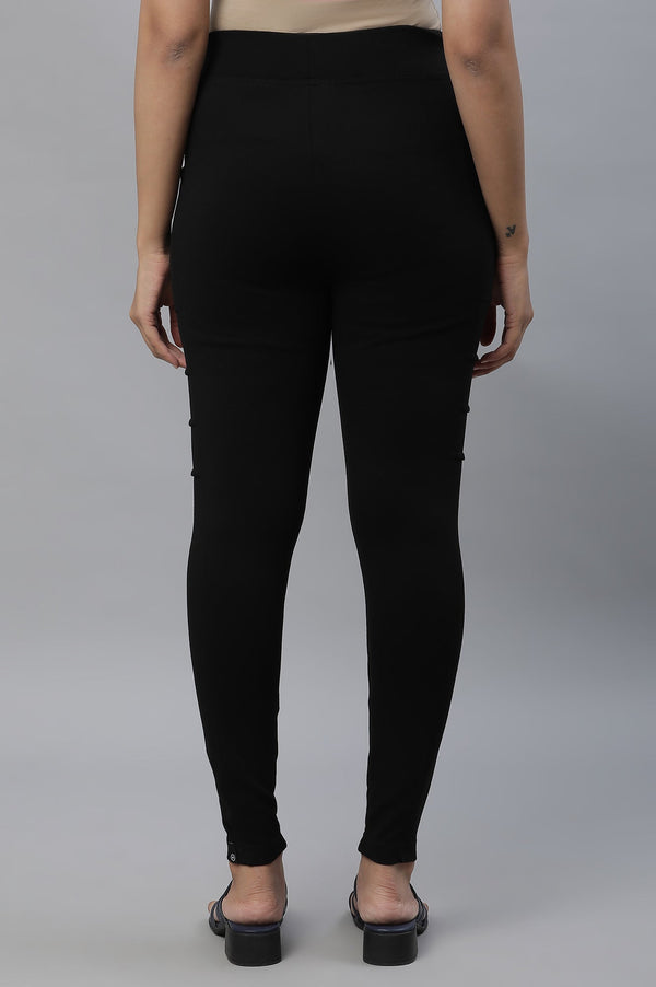 Elleven Women's Black Solid Skinny Fit Tights With Elasticated Waist And Side Pockets