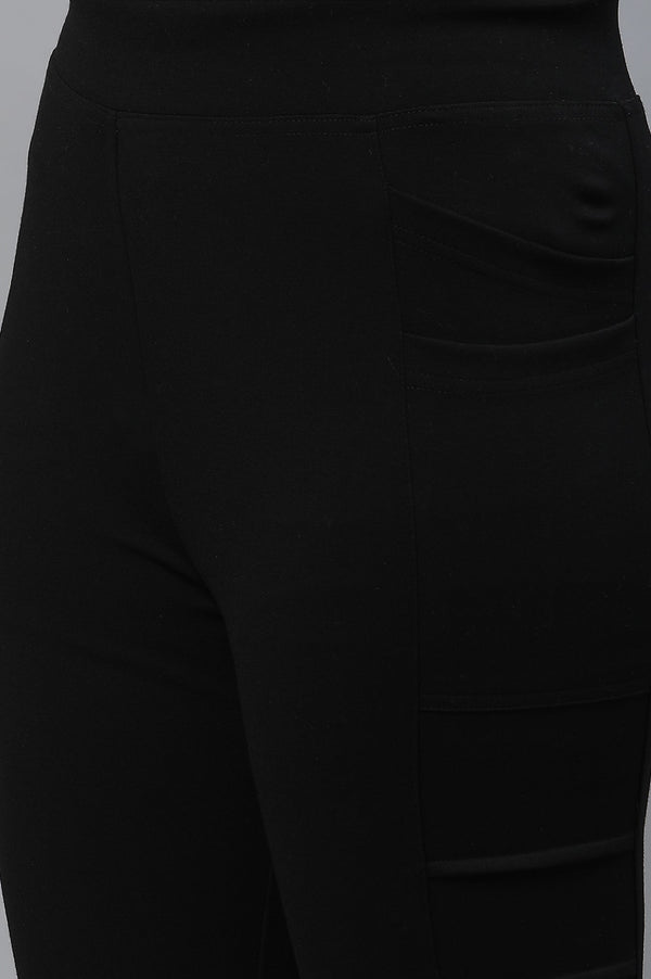 Elleven Women's Black Solid Skinny Fit Tights With Elasticated Waist And Side Pockets