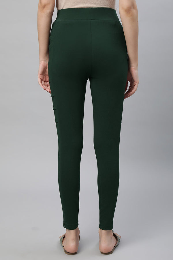 Elleven Women's Bottle Green Solid Skinny Fit Tights With Side Pockets