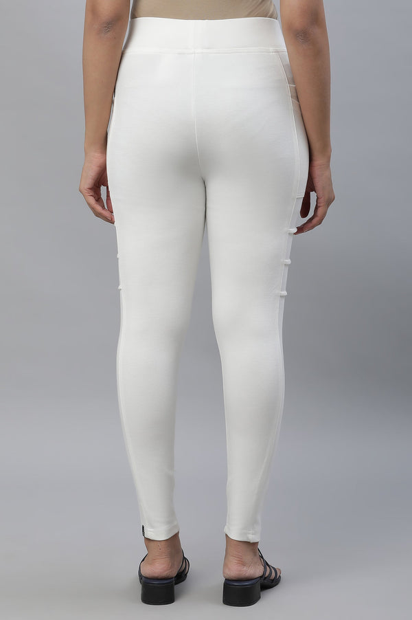 White Solid Skinny Fit Yoga Tights With Side Pockets