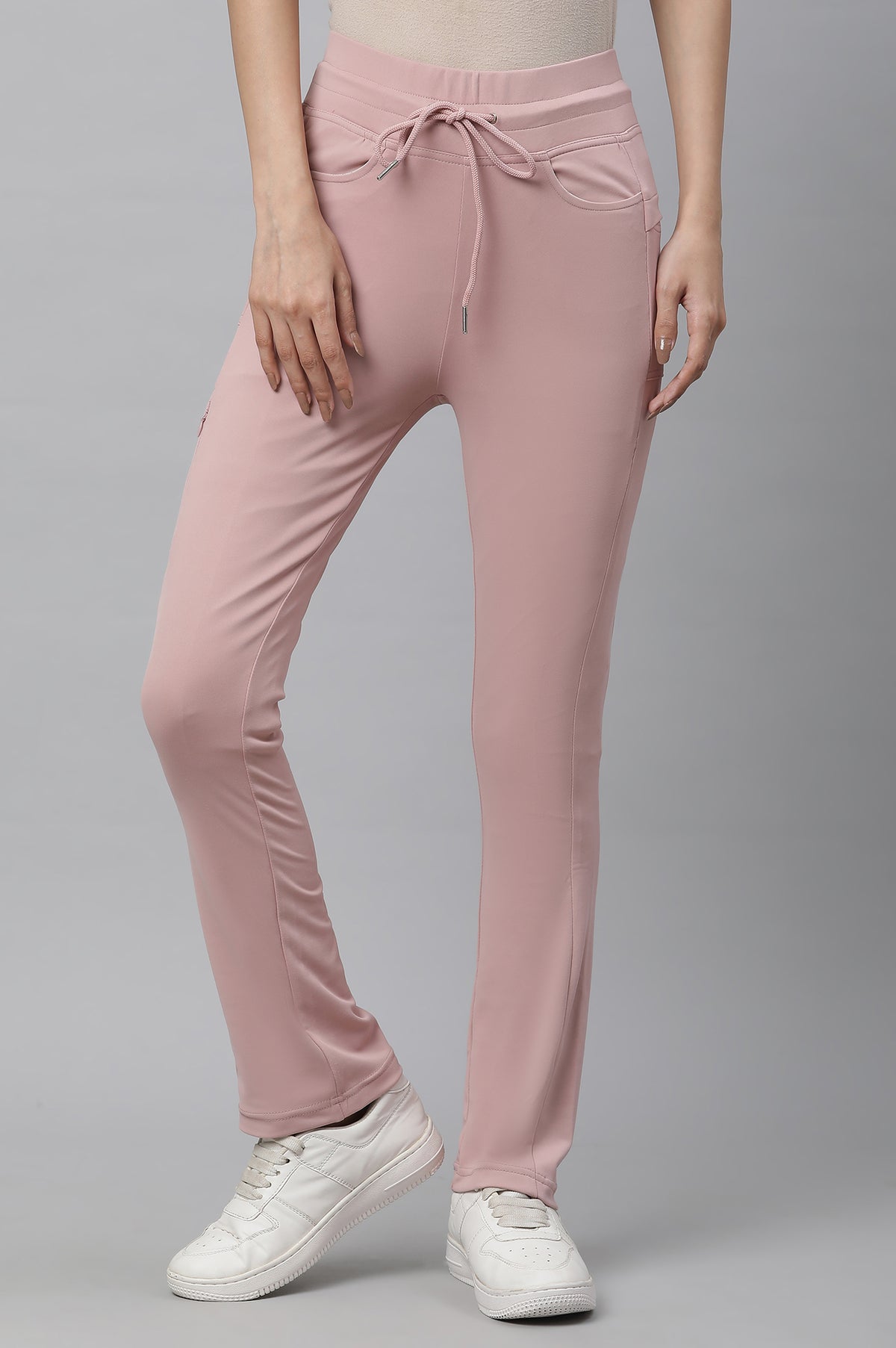 Elleven Women's Pink Solid Boot Cut Pants With Drawstring - S