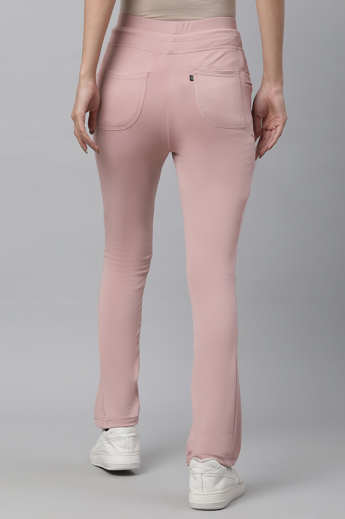 Pink Solid Boot Cut Pants With Drawstring