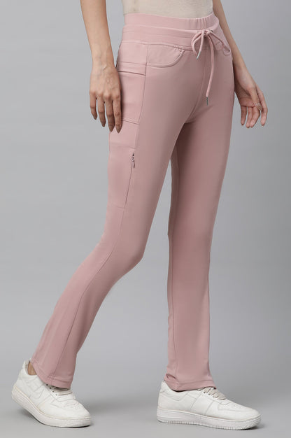 Pink Solid Boot Cut Pants With Drawstring