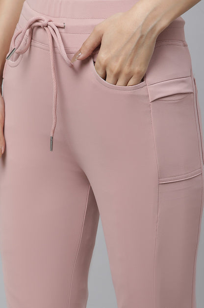 Pink Solid Boot Cut Pants With Drawstring