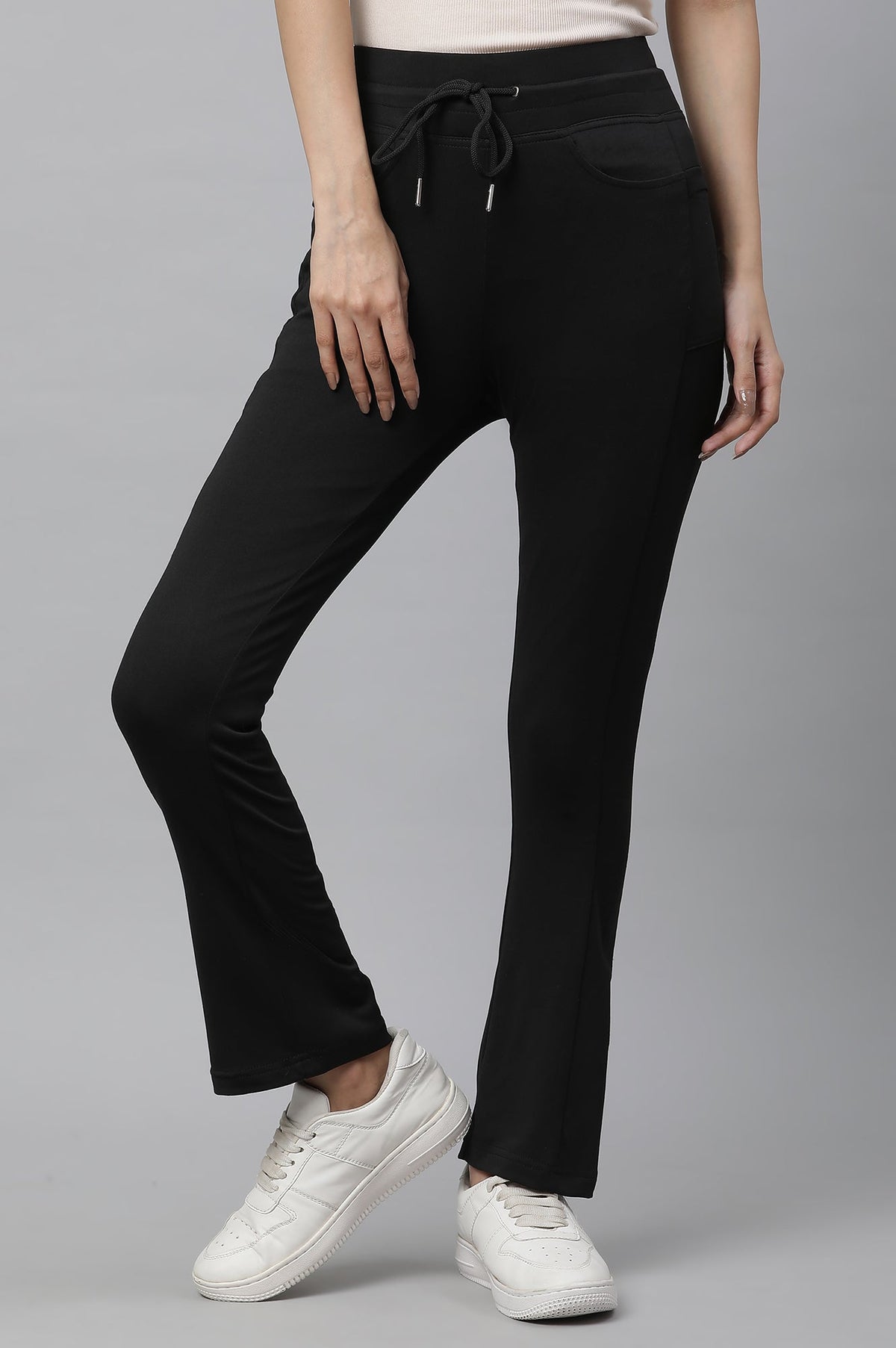 Elleven Women's Black Solid Boot Cut Pants With Drawstring - S