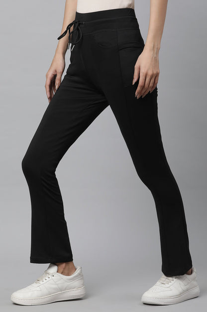 Black Solid Boot Cut Pants With Drawstring