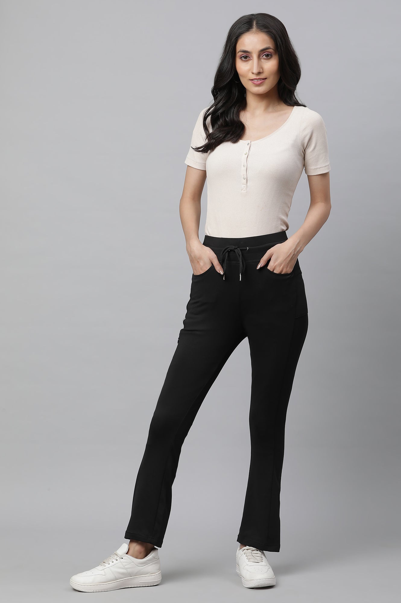Black Solid Boot Cut Pants With Drawstring