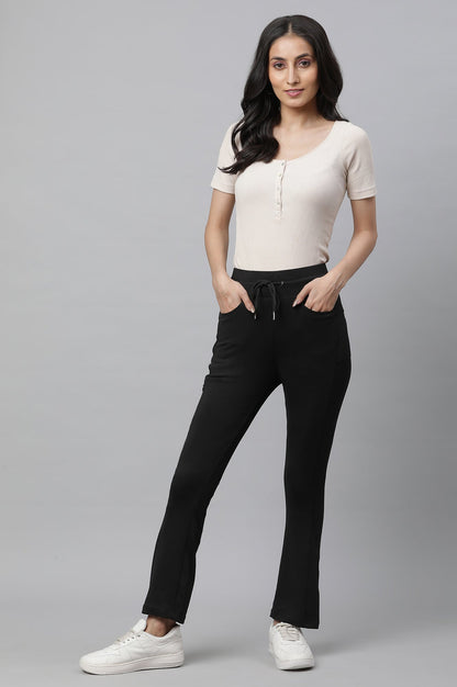 Black Solid Boot Cut Pants With Drawstring