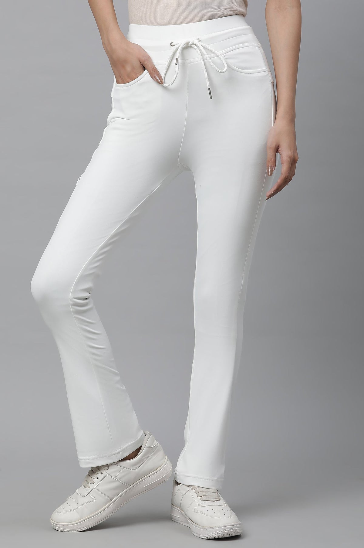 Elleven Women's White Solid Boot Cut Pants With Drawstring - S