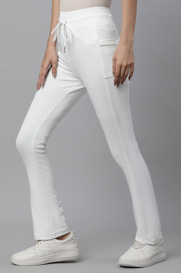 White Solid Boot Cut Pants With Drawstring