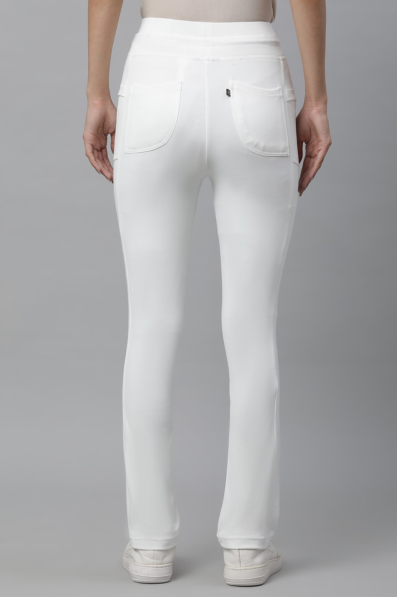 White Solid Boot Cut Pants With Drawstring