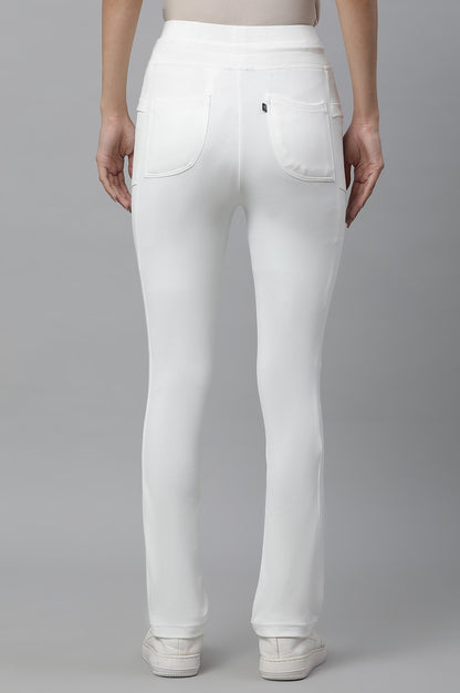 White Solid Boot Cut Pants With Drawstring