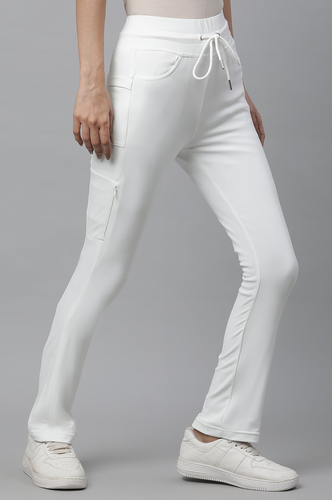 White Solid Boot Cut Pants With Drawstring