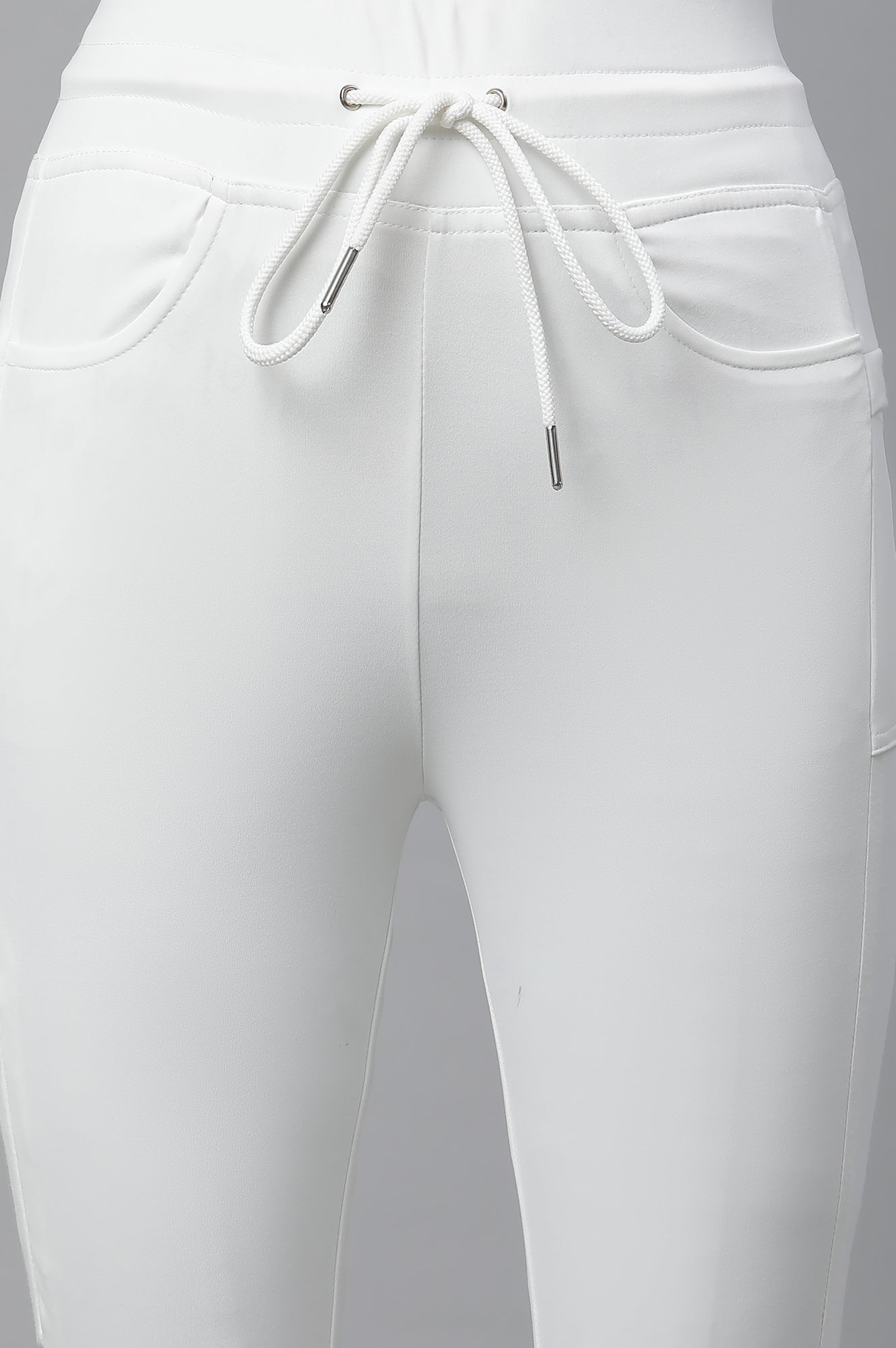 White Solid Boot Cut Pants With Drawstring