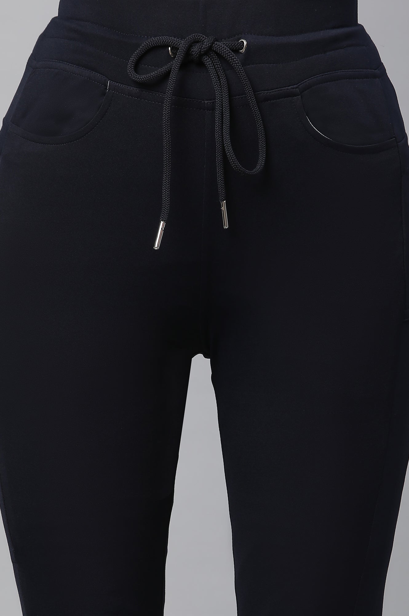 Navy Blue Solid Boot Cut Pants With Drawstring