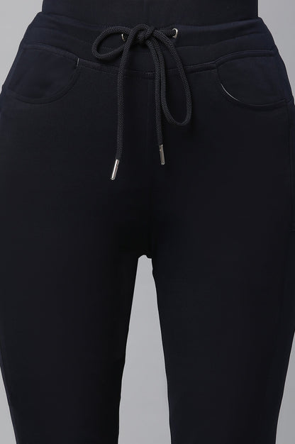 Navy Blue Solid Boot Cut Pants With Drawstring