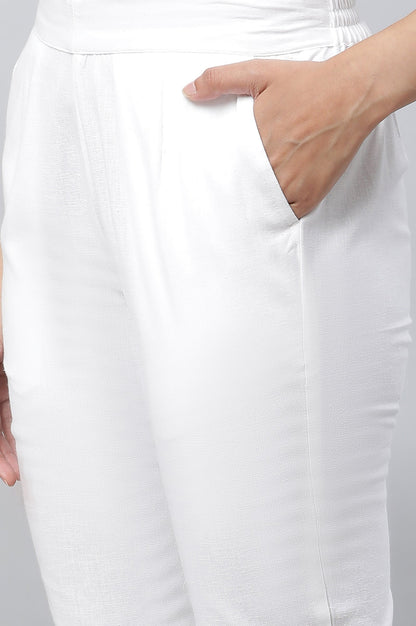 White Solid Straight Fit Cotton Trousers With Embroidered Hemline