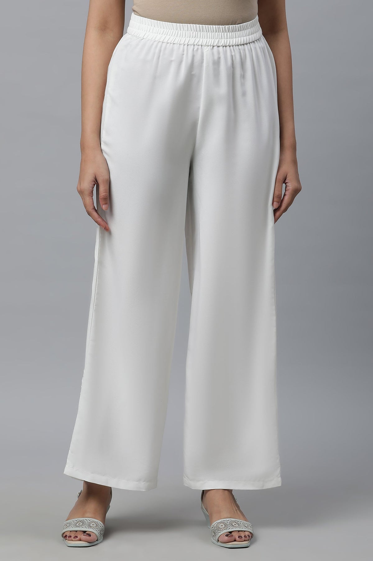 Elleven Women's White Solid Straight Fit Woven Palazzo With Elasticated Waist - XS