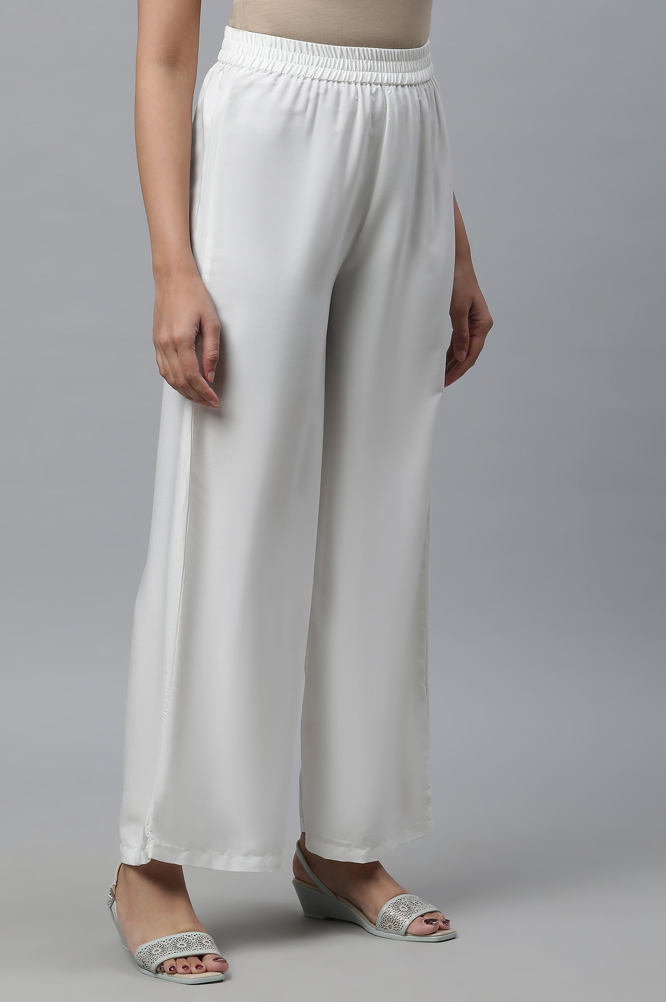 White Solid Straight Fit Woven Palazzo With Elasticated Waist
