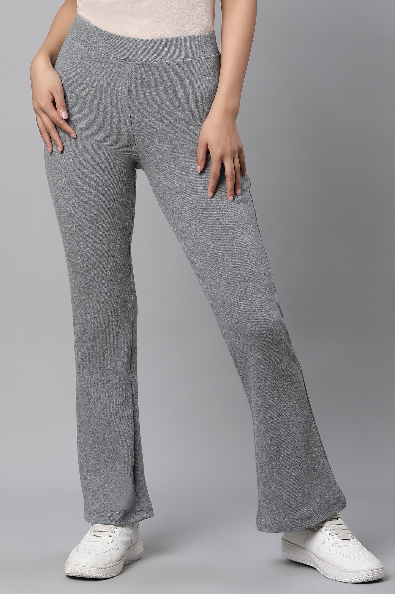 Grey Solid Flared Pants With Elasticated Waist
