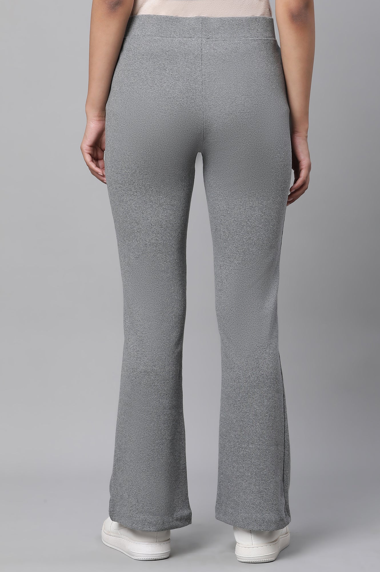 Grey Solid Flared Pants With Elasticated Waist