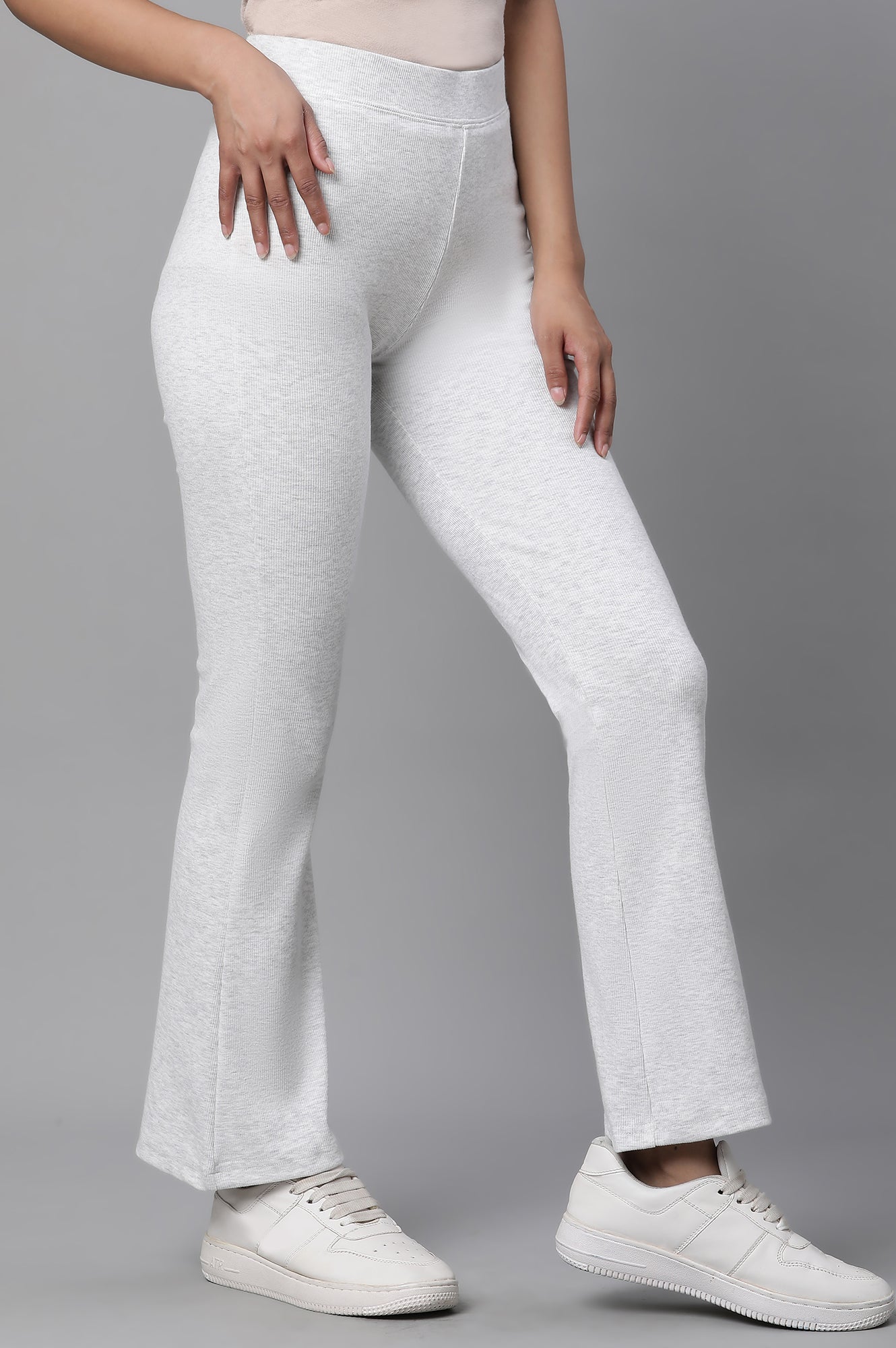 White Solid Flared Knit Pants with Elasticated Waist