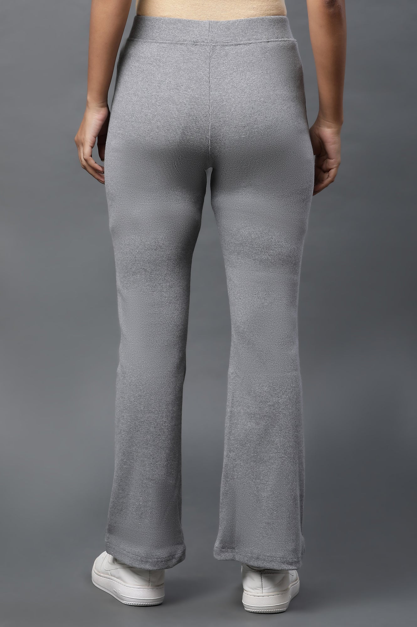 Grey Solid Flared Pants With Elasticated Waist