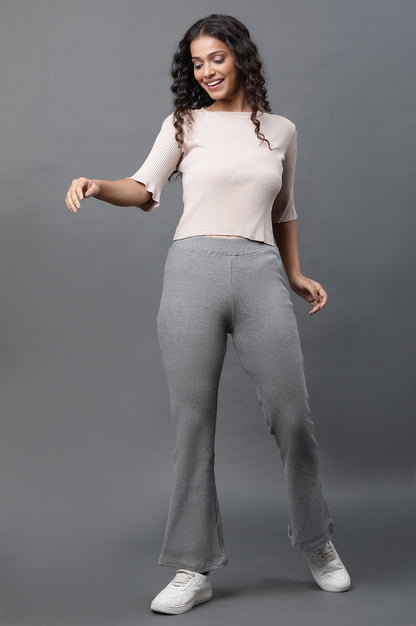 Grey Solid Flared Pants With Elasticated Waist