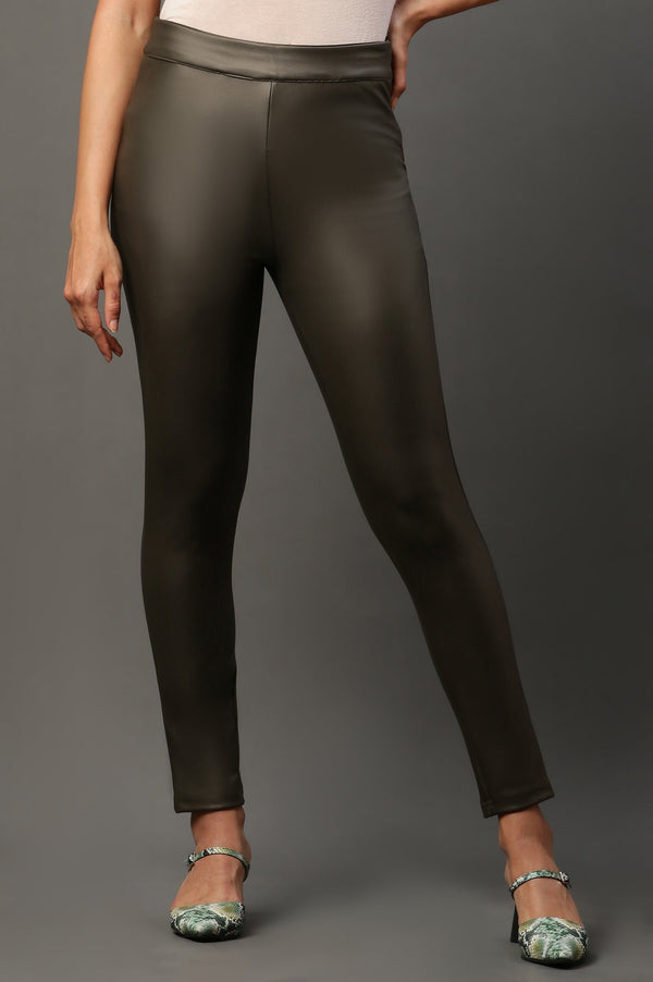 Olive Green Solid Slim-fit Knit Pants with Side Zip