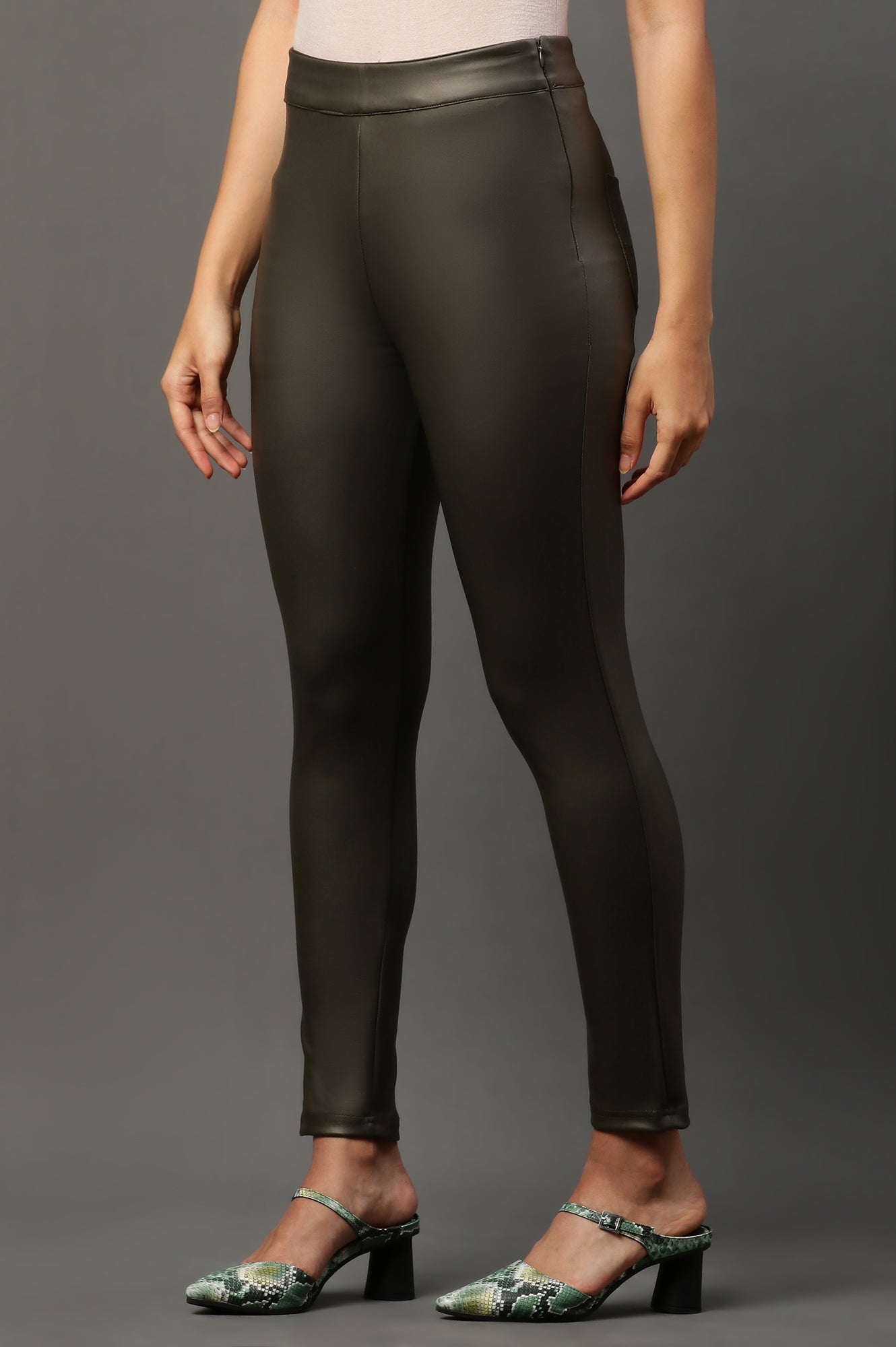 Olive Green Solid Slim-fit Knit Pants with Side Zip