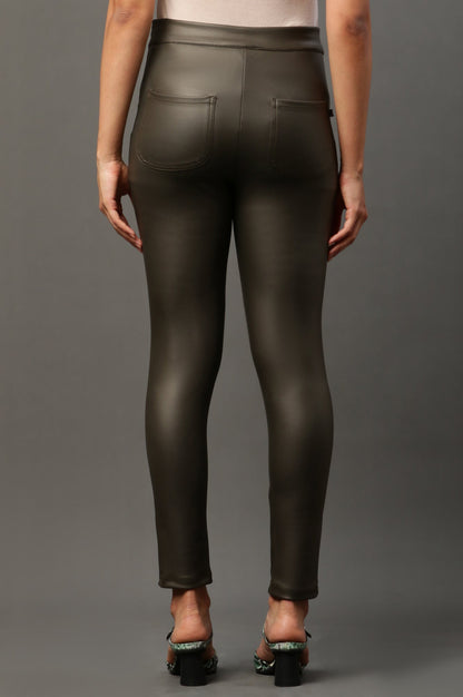 Olive Green Solid Slim-fit Knit Pants with Side Zip