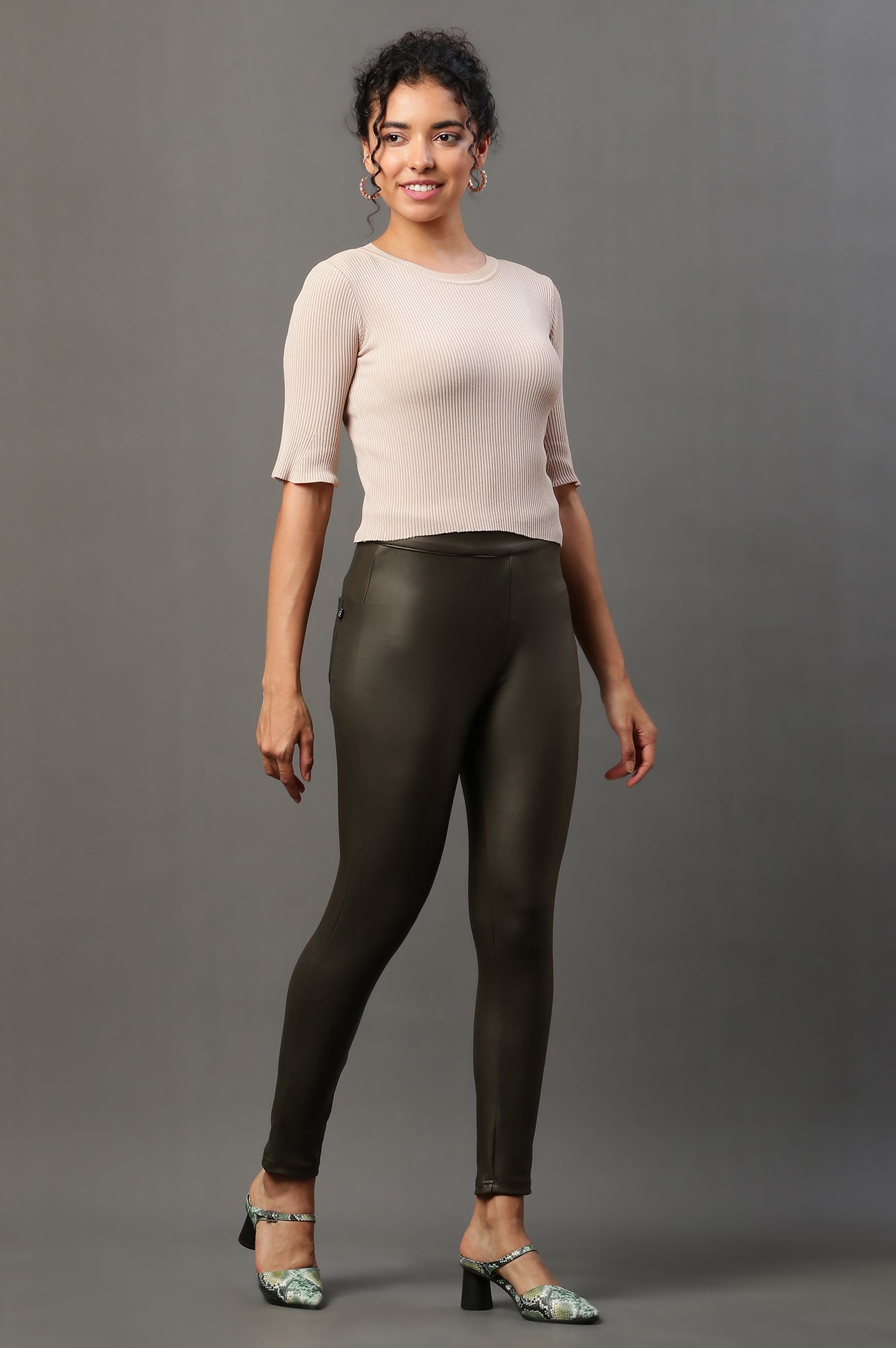 Olive Green Solid Slim-fit Knit Pants with Side Zip