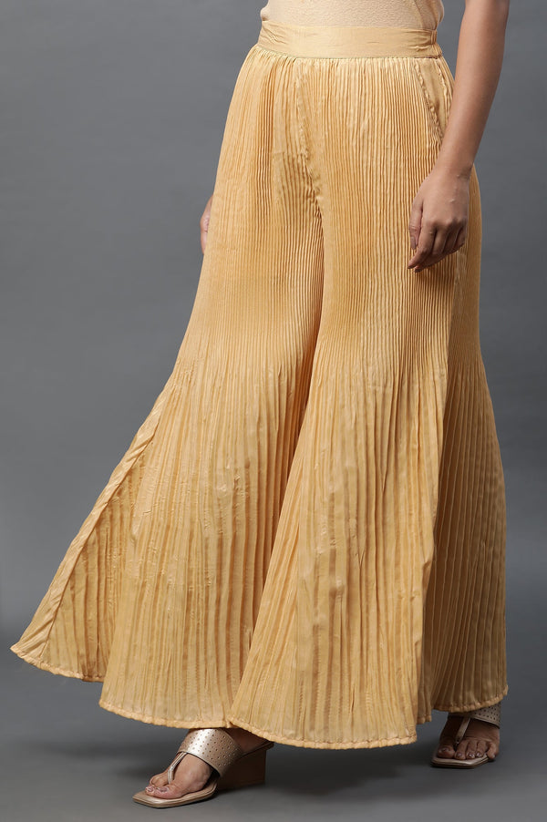 Gold Solid Flared Silk Palazzo With Pleats