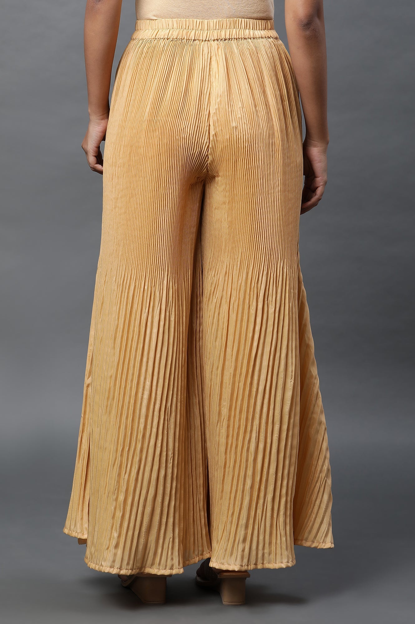 Gold Solid Flared Silk Palazzo With Pleats