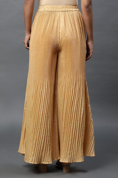 Gold Solid Flared Silk Palazzo With Pleats