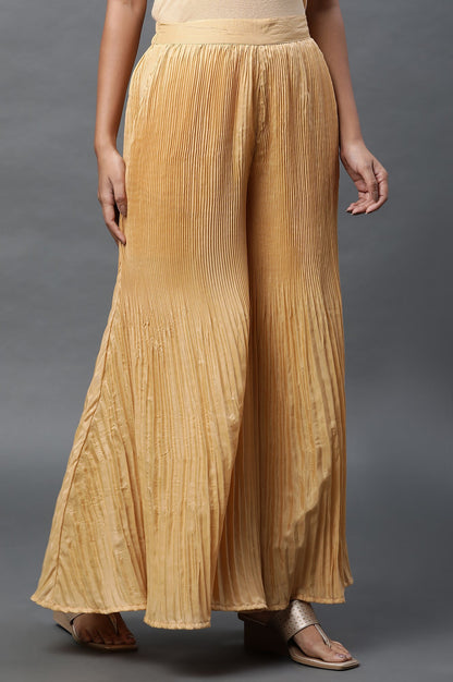 Gold Solid Flared Silk Palazzo With Pleats