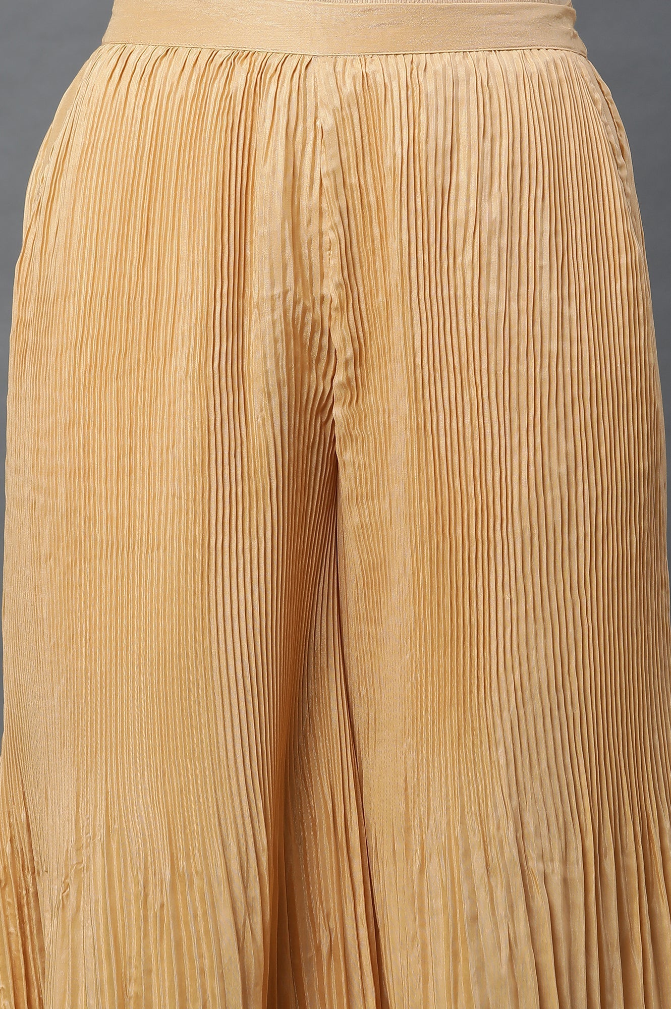 Gold Solid Flared Silk Palazzo With Pleats