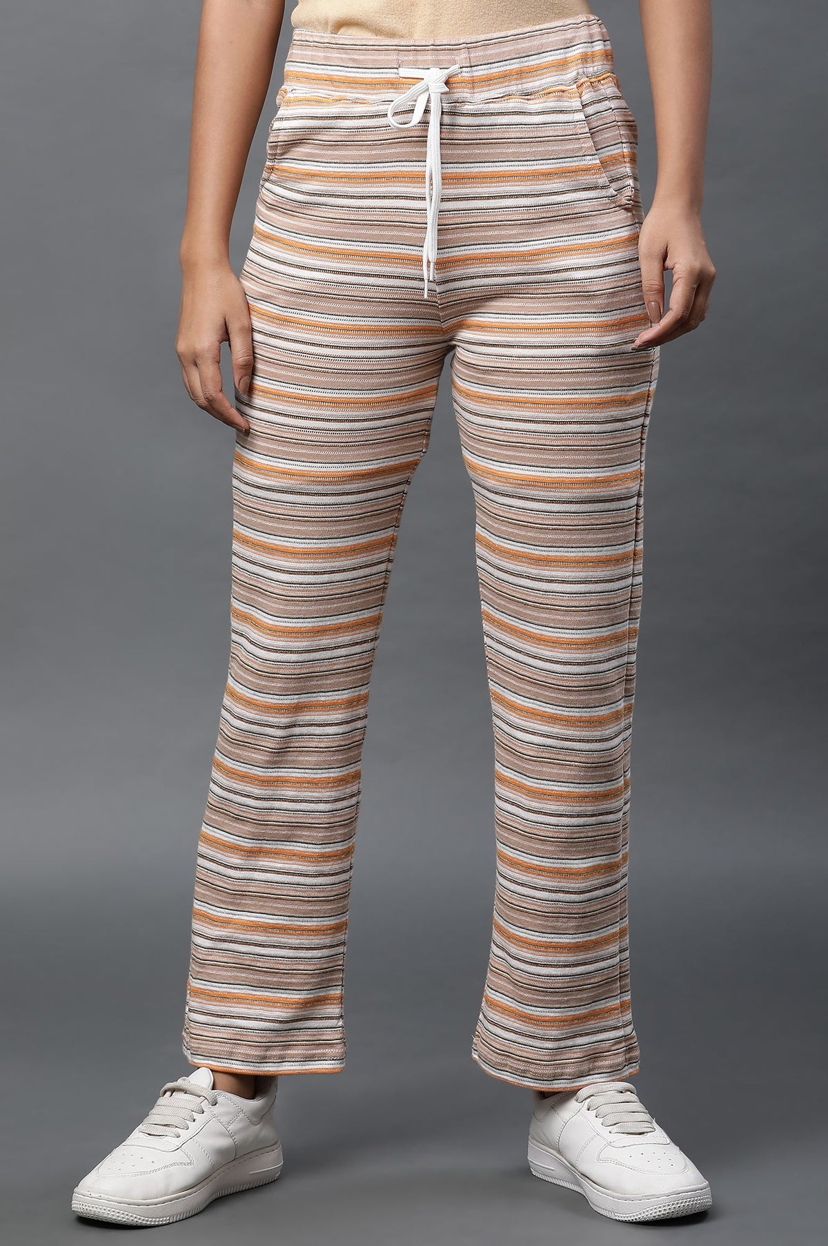 Multiciloured Striped Printed Straight-fit Knit Pants with Drawstring - S