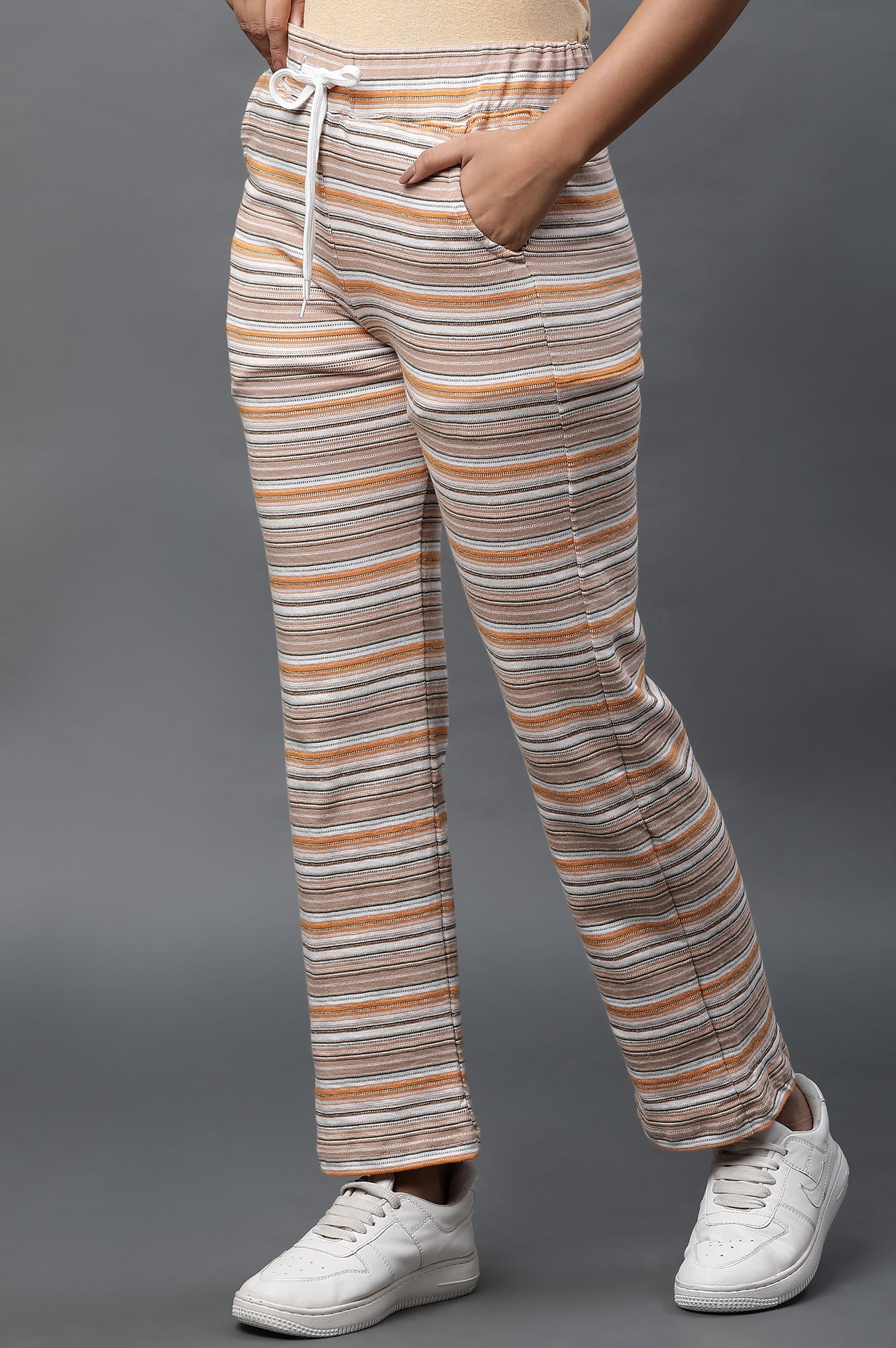 Multiciloured Striped Printed Straight-fit Knit Pants with Drawstring