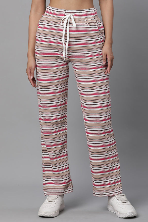 Pink Striped Printed Straight Fit Pants With Drawstring