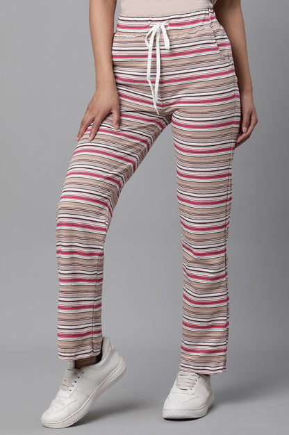 Pink Striped Printed Straight Fit Pants With Drawstring