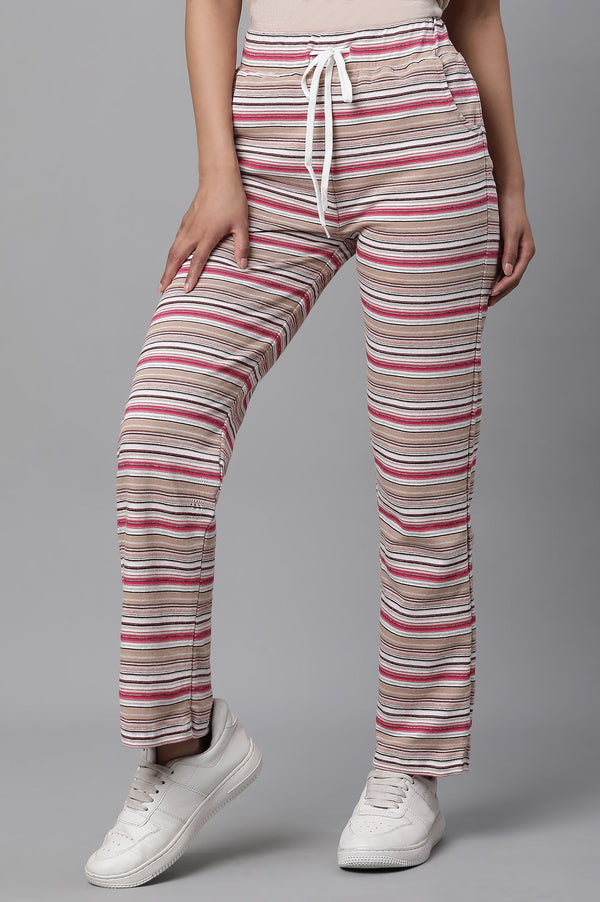 Pink Striped Printed Straight Fit Pants With Drawstring