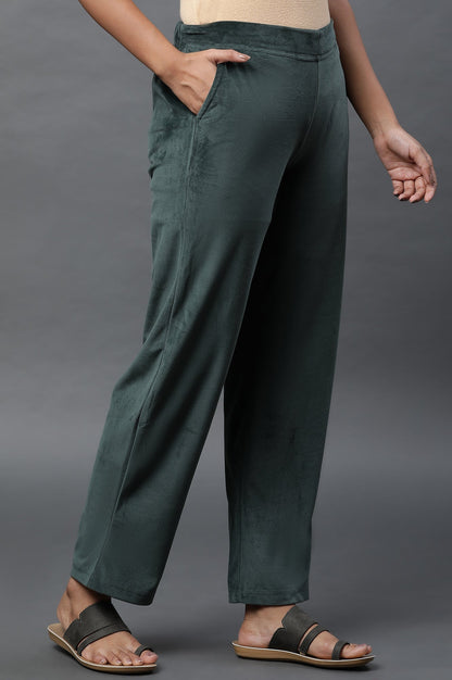 Green Solid Straight Fit Velvet Pants With Elasticated Waist