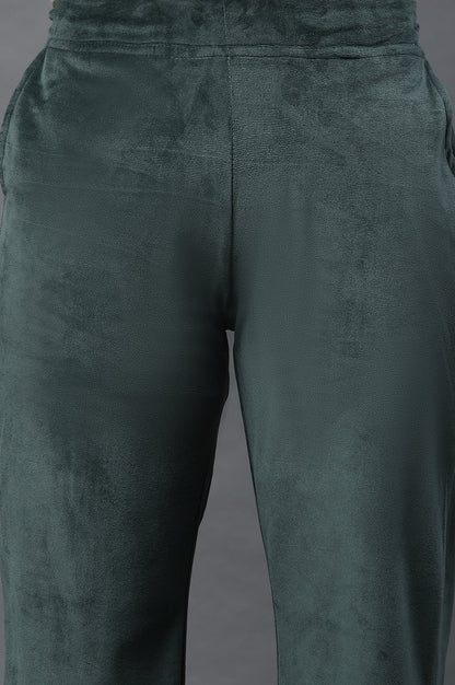 Green Solid Straight Fit Velvet Pants With Elasticated Waist