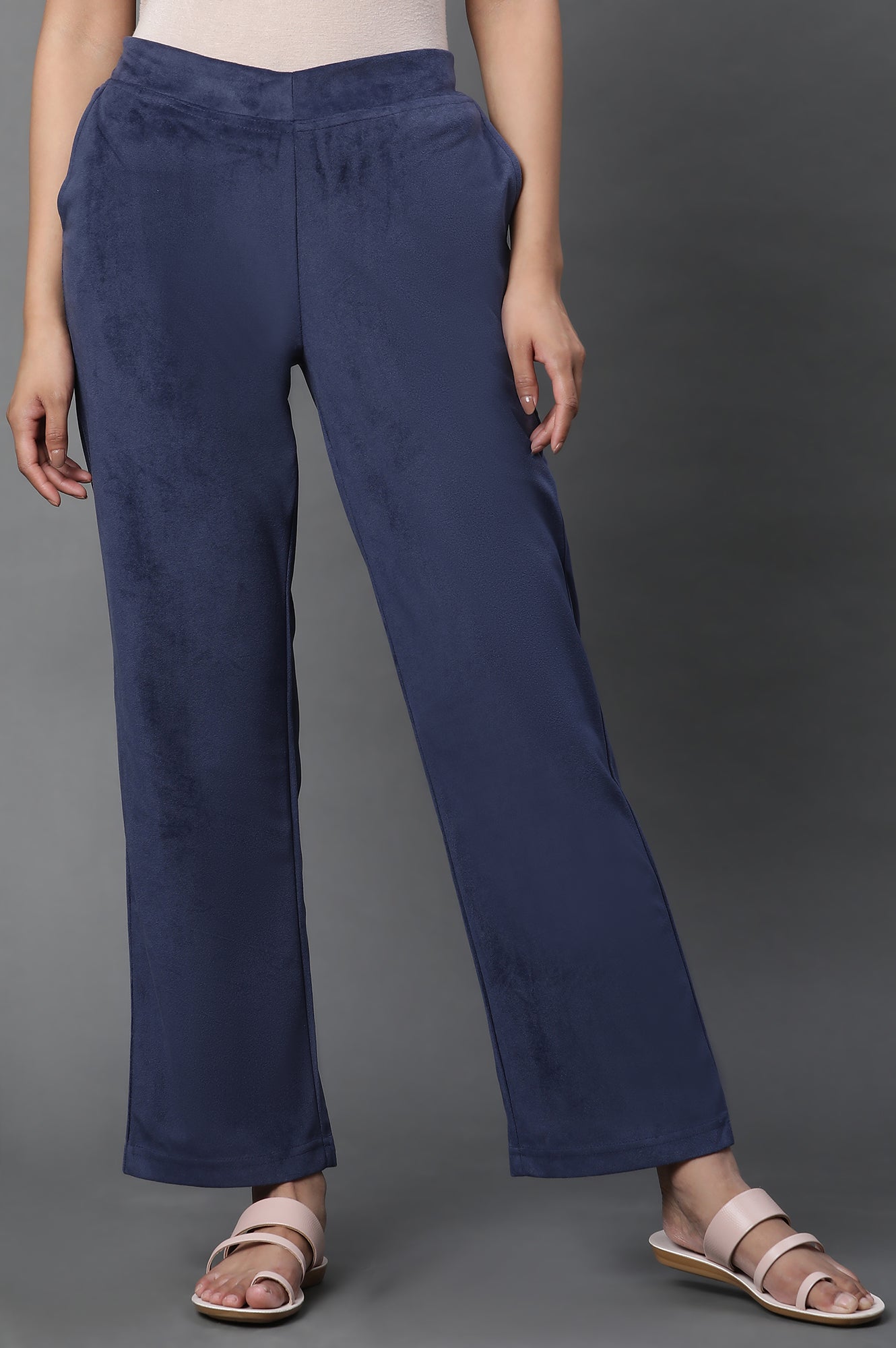 Navy Blue Solid Straight-fit Velvet Pants with Elasticated Waist