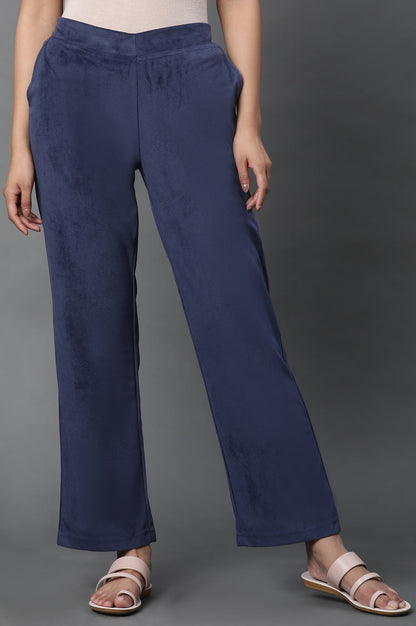 Navy Blue Solid Straight-fit Velvet Pants with Elasticated Waist