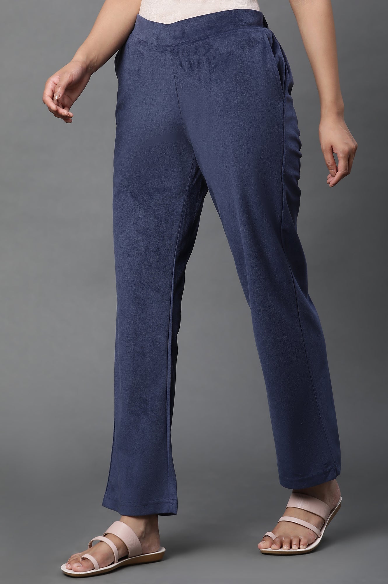 Navy Blue Solid Straight-fit Velvet Pants with Elasticated Waist