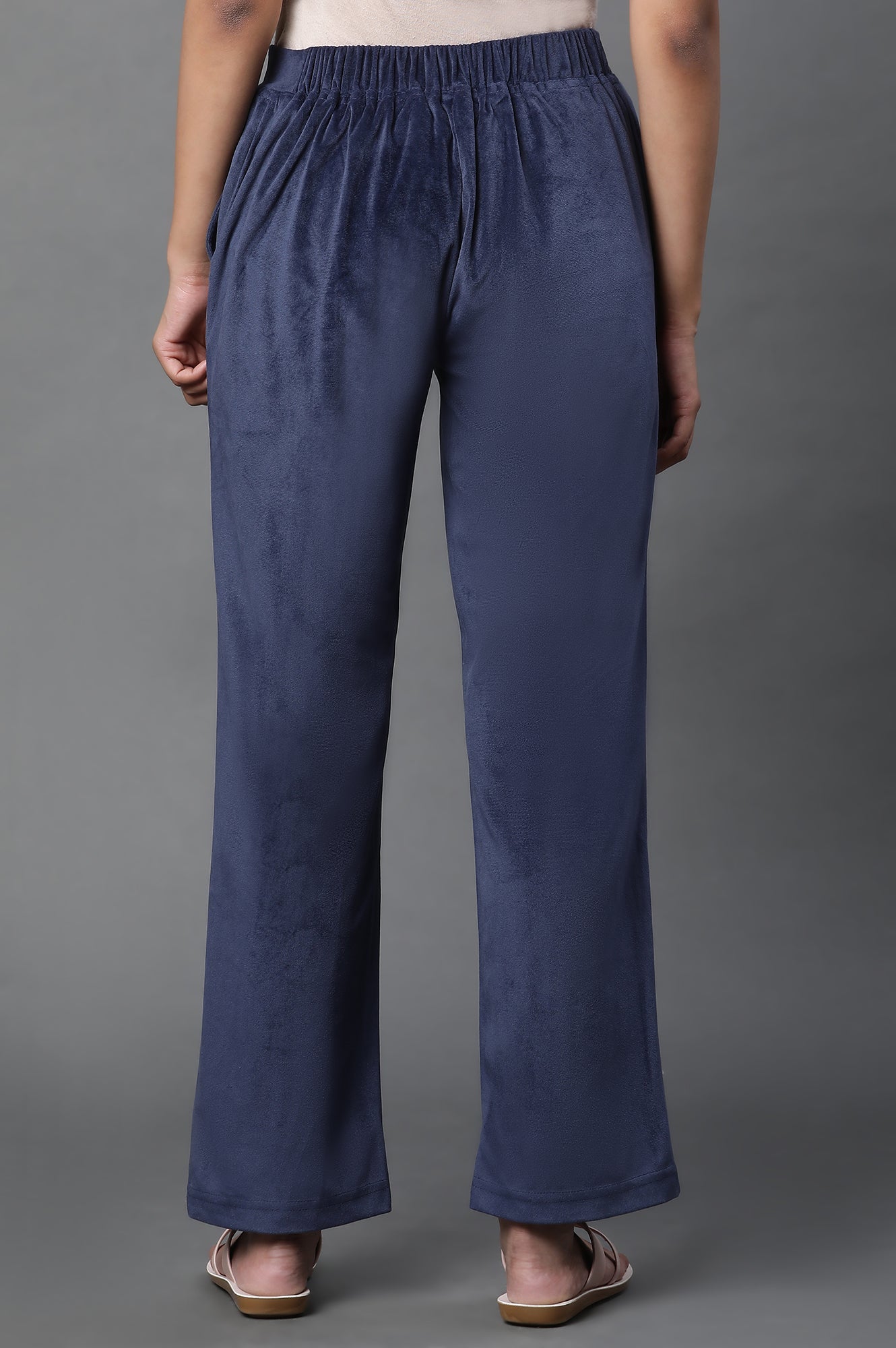 Navy Blue Solid Straight-fit Velvet Pants with Elasticated Waist