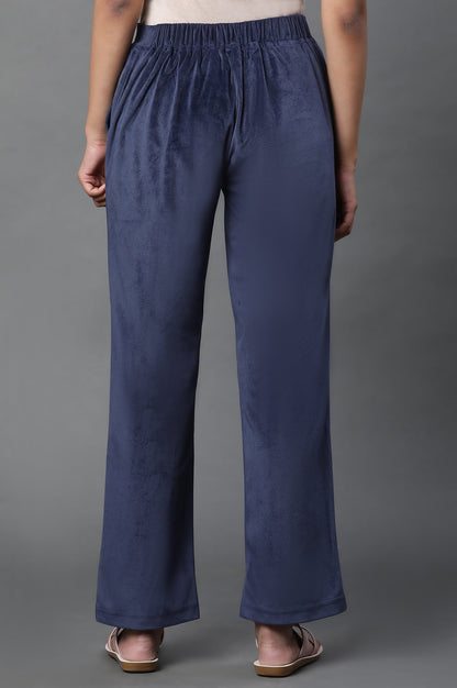 Navy Blue Solid Straight-fit Velvet Pants with Elasticated Waist